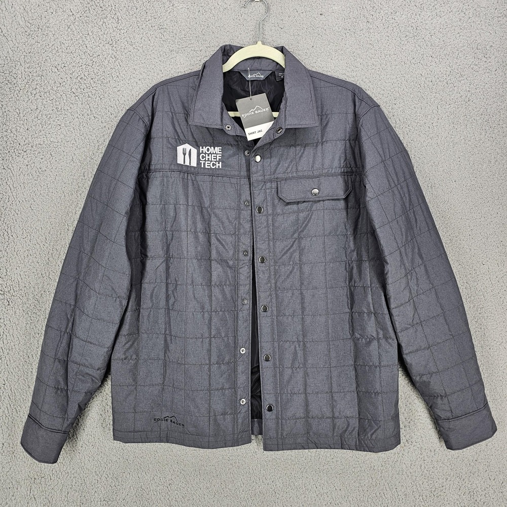 Eddie Bauer Shirt Jac Mens Medium Gray Quilted Insulated Snap Front Work Jacket